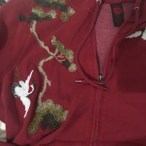 Lucky Brand Red Hoodie with Embroidered Crane Design